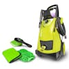 Sun Joe 14.5-amp 2030 PSI Electric Pressure Washer, microfiber towel, washing mitt, and scrub brush.