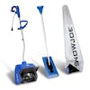 Snow Joe 10-amp 13-inch electric snow shovel, an 18-inch 2-in-1 snow broom and ice scraper, and a 13-inch electric snow shovel cover.