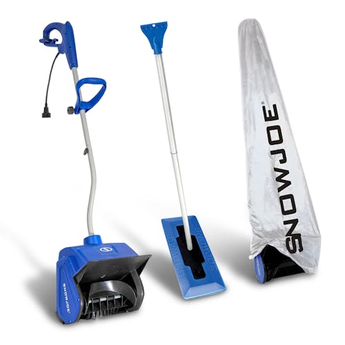 Snow Joe 10-amp 13-inch electric snow shovel, an 18-inch 2-in-1 snow broom and ice scraper, and a 13-inch electric snow shovel cover.