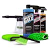 Slick Products 32 ounce Wash and Wax Foam Cleaning Solution, 16-ounce cleaner and degreaser, 16-ounce instant detailer, garden hose foam blaster, scrub brush, washing mitt, and microfiber towel.