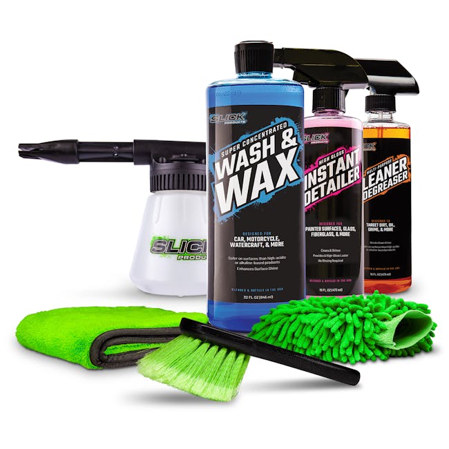Slick Products 32 ounce Wash and Wax Foam Cleaning Solution, 16-ounce cleaner and degreaser, 16-ounce instant detailer, garden hose foam blaster, scrub brush, washing mitt, and microfiber towel.