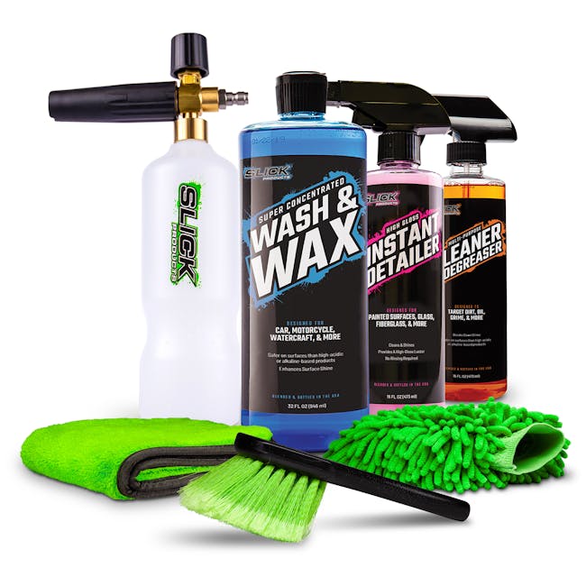 Slick Products 32 ounce Wash and Wax Foam Cleaning Solution, 16 ounce cleaner and degreaser, 16 ounce instant detailer, 32 ounce foam cannon, scrub brush, washing mitt, and microfiber towel.