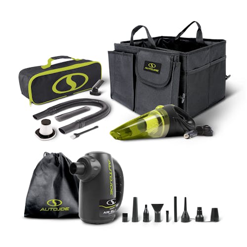 Auto Joe Storage organizer with a handheld vacuum, air blasting water dryer, 2 storage bags, and over 10 attachments.