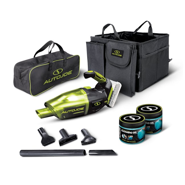 Auto Joe storage organizer, a cordless handheld vacuum, and 2-pack of cleaning gel, along with a carrying bag and attachments.