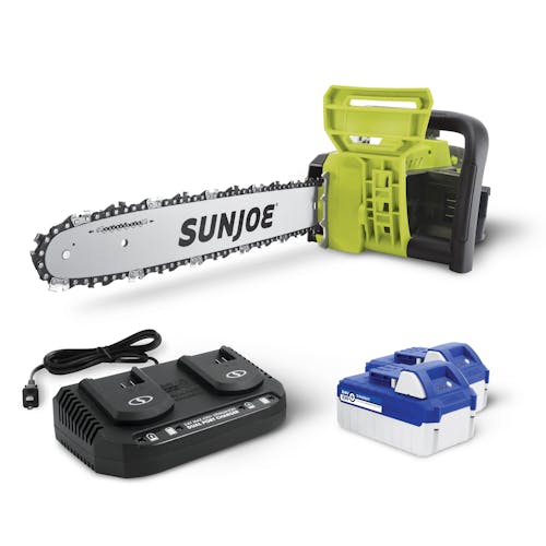Sun Joe 48-volt 16-inch cordless chainsaw with two 4.0-Ah batteries and charger.
