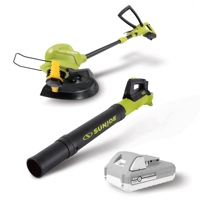 Sun Joe 24-volt cordless leaf blower and 10-inch grass trimmer with a 2.0-Ah battery.