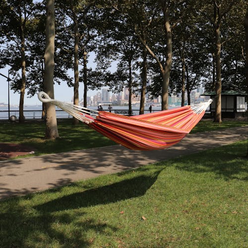 Bliss Hammocks 40-inch Wide Toasted Almond Stripe Hammock in a Bag hanging between two trees in a park.