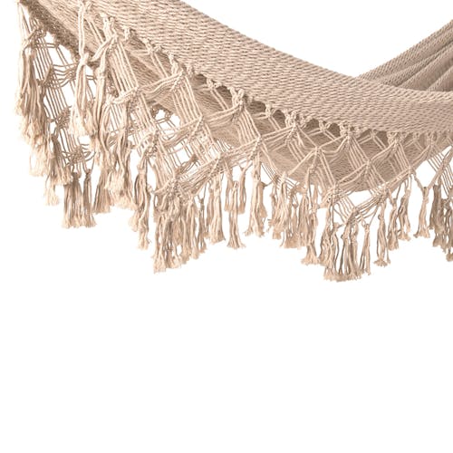 Close-up of the decorative fringe on the Bliss Hammocks 40-inch Wide Brazilian Style Rope Hammock.