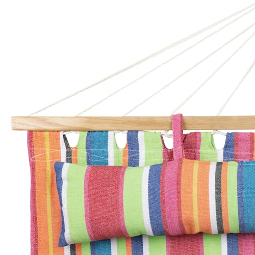Close-up of the pillow and spreader bar on the Bliss Hammocks 48-inch Wide Tropical Fruit Caribbean Hammock.