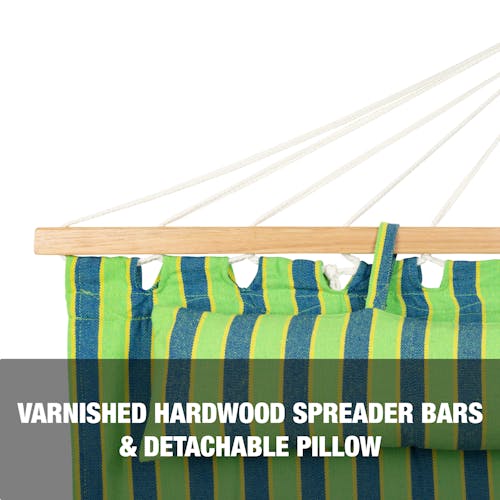 Varnished hardwood spreader bars and detachable pillow.