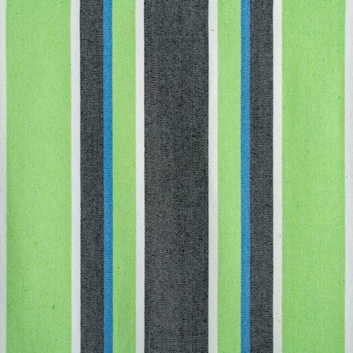 Close-up of the fabric and pattern showing the light green, blue, black, and white stripes.