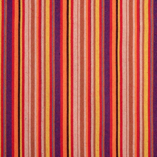 Close-up of the fabric and pattern showing the thin red, orange, yellow, purple, black, and beige stripes.