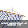 Varnished hardwood spreader bars and detachable pillow.