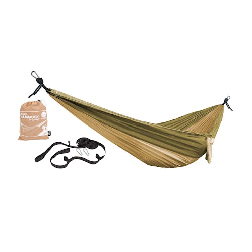 Bliss Hammocks 52-inch Wide Desert Storm Camping Hammock, tree straps, and a carrying bag.