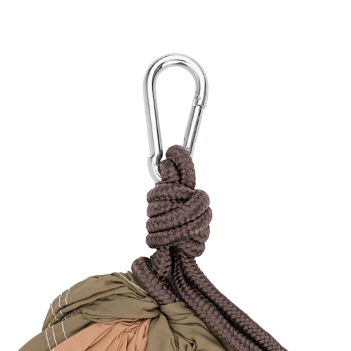 Close-up of the carabiner and rope on the Bliss Hammocks 54-inch Wide Desert Storm Camping Hammock.