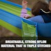 Breathable, strong nylon material that is triple stitched.