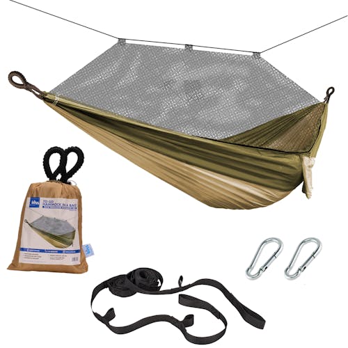 Bliss Hammocks 54-inch wide Desert Storm Camping Hammock with mosquito net, tree straps, and a carry bag.