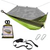 Bliss Hammocks 54-inch wide Forest Green Camping Hammock with mosquito net, tree straps, and a carry bag.