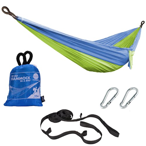 Mermaid camping hammock with carry bag, tree straps, and carabiners.