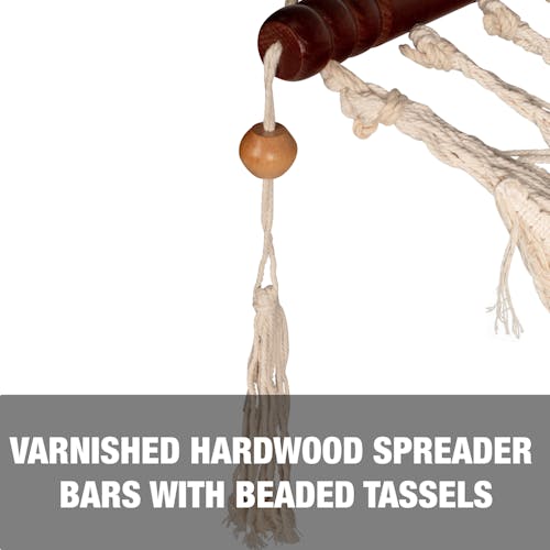 Varnished hardwood spreader bars with beaded tassels.