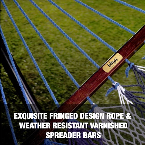 Exquisite fringed design rope and weather resistant varnished spreader bars.