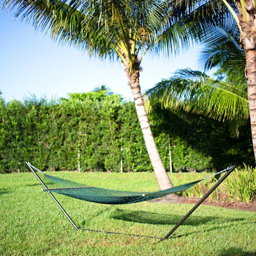 Bliss Hammocks 60-inch Wide Green Cotton Rope Hammock secured to a stand outside in grass.