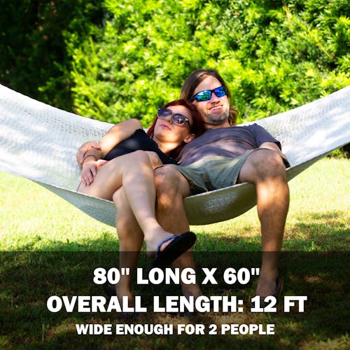 80 inches long and 60 inches wide, with an overall length of 12 feet. Wide enough for 2 people.