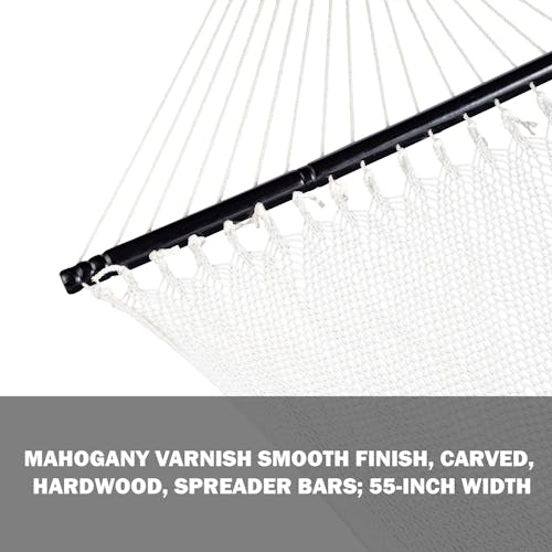 Mahogany varnish smooth finish, carved hardwood spreader bars with a 55-inch width.