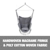 Handwoven macramé fringe and poly-cotton woven fabric.