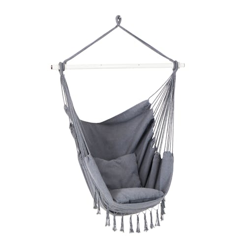Bliss Hammocks 40-inch Wide Gray Fringed Hammock Chair with matching pillows.