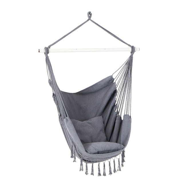 Bliss Hammocks 40-inch Wide Gray Fringed Hammock Chair with matching pillows.