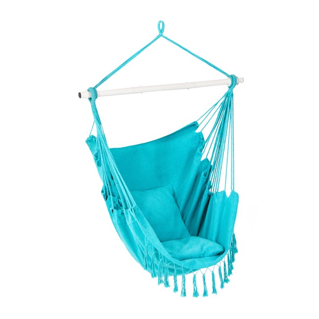 Bliss Hammocks 40-inch Wide Light Blue Fringed Hammock Chair with matching pillows.