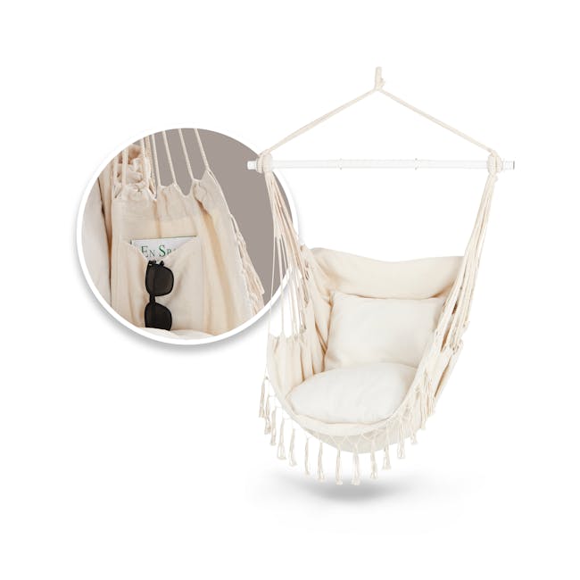 Bliss Hammocks Fringed Hanging Hammock Chair with inset image of product in use