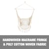 Handwoven macramé fringe and poly-cotton woven fabric.