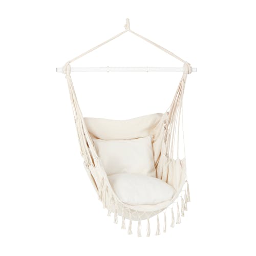 Bliss Hammocks 40-inch Wide White Fringed Hammock Chair with matching pillows.