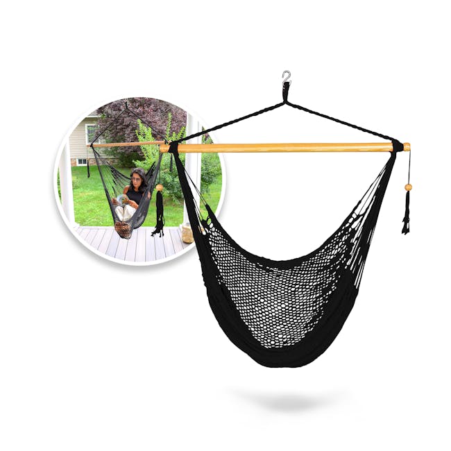 Bliss hammocks island rope hanging hammock chair with inset image of product in use
