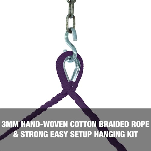 3mm hand-woven cotton braided rope and strong, easy setup hanging kit.