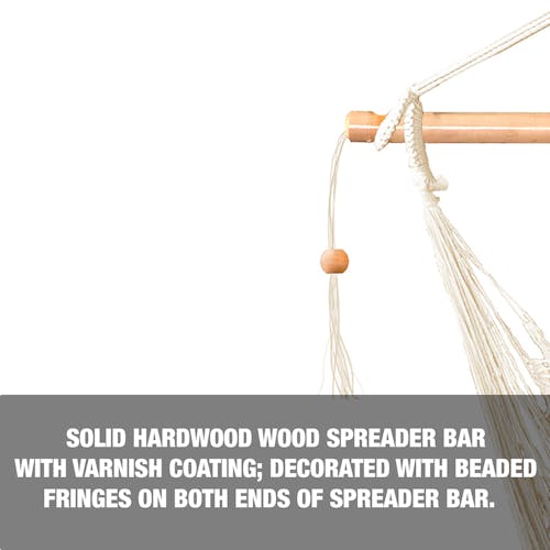 Solid hardwood spreader bar with varnish coating, decorated with beaded fringes on both sides of the bar.