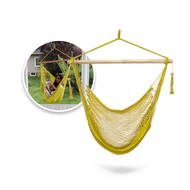 Bliss Hammocks Hanging Rope Hammock Chair with inset image of product in use