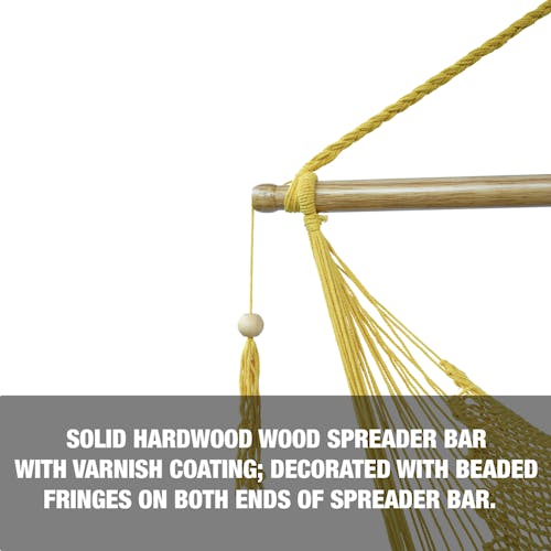 Solid hardwood spreader bar with varnish coating, decorated with beaded fringes on both sides of the bar.