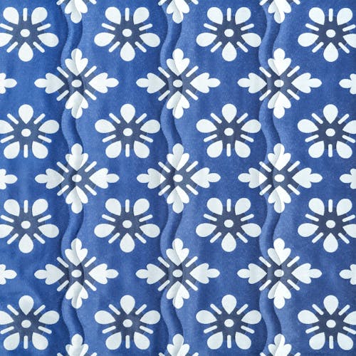 Close-up of the fabric and pattern, showing the royal blue color with a white flower pattern.