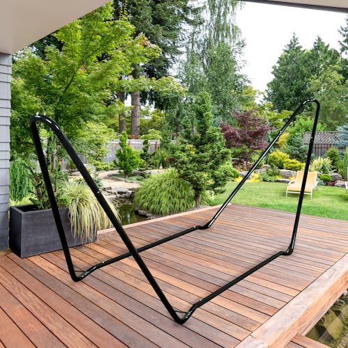 10-foot hammock stand on a back deck.