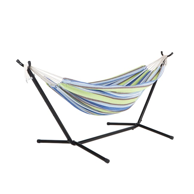 Bliss Hammocks 60-inch Garden Stripe Double Hammock and 9-foot stand.