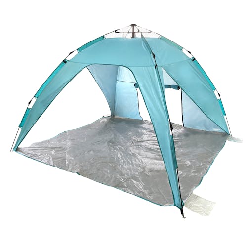 Angled view of the beach tent with the back flap open.