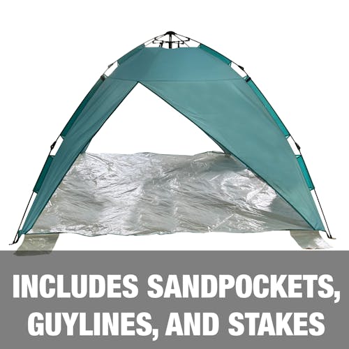 Includes sand pockets, guy lines, and stakes.