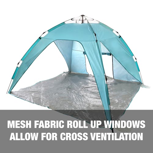 Mesh fabric roll up windows allow for cross ventilation.