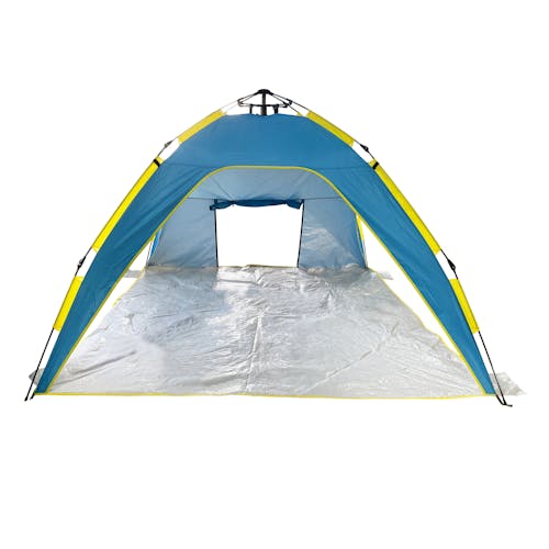 Front view of the beach tent with the back flap window open.