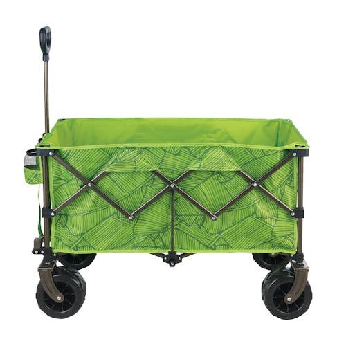 Side view of the green banana leaves garden cart/beach wagon.