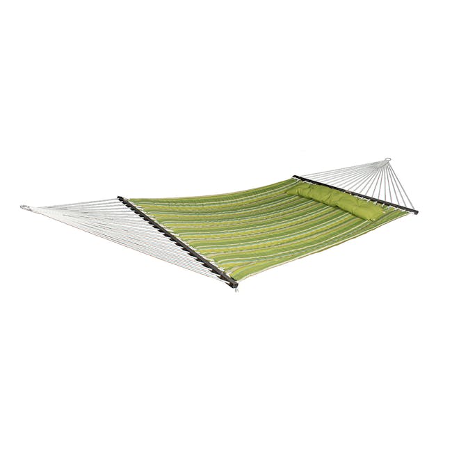 Bliss Hammocks 55-inch Wide 2-Person Reversible Quilted Hammock showing the green striped side.