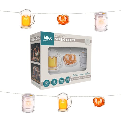 Bliss Outdoors 12-foot Beer, Keg, and Pretzel Themed String Lights with packaging.